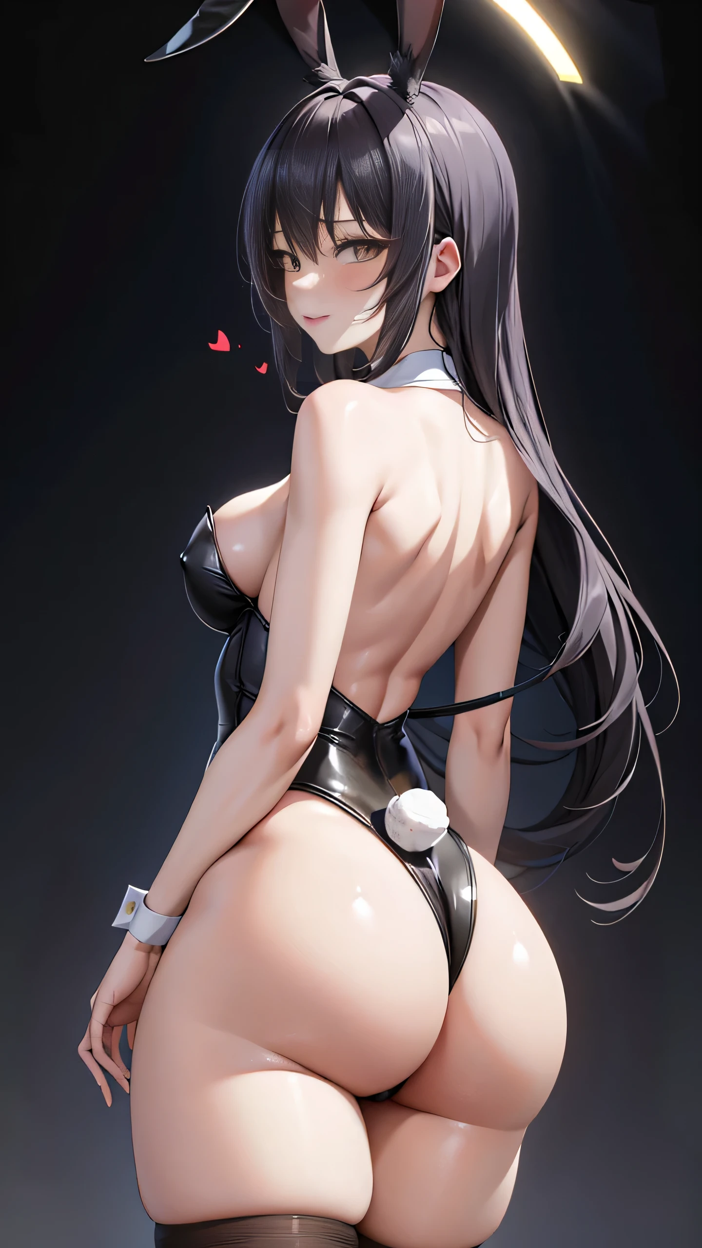 masterpiece, Best Quality, ultra oftallado, 1 girl, animal_ears, ASS, backless_leotard, bent_incima, negro_leotard, negro_thighs, sinos, closed_boca, Dutch_angle, false_animal_ears, of_behind, gray_background, hair_Biin, halo, heart, leotard, light_blush, long_hair, looking_in_viewer, looking_back, low_Alas, half_sinos, rosa_hair, rosa_halo, playboy_Biinny, rabbit_ears, simple_background, single_siof_Biin, smile, Alone, Strapless, Strapless_leotard, thighs, very_long_hair, white_Alas, Alas, yellow_eyes, big ass, t back, thong, blonof, bunny ears, showing her big ass, white suit