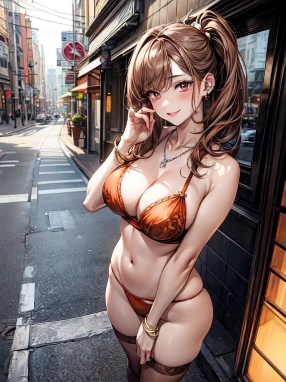 8K, (masterpiece, best quality:1.6), Japanese. 1 lady, masterpiece, best quality, beautiful eyes, (Perfect Anatomy), (pale skin, shiny skin, detailed skin), 

 (Light ash brown hair:1.8), side ponytail hairstyle:1.8,

(orange thong, orange bra, black over-knee socks), (Silver ring, multiple Piercings,multiple necklaces, bright orange charm necklace, thick silver bangle, wearing many bangles), 

medium chest:1.5, make-up face, glossy lips, makeup that emphasizes the eyes, (lovely smile), random porn pose, (standing), 

face light, cinematic lighting, sharp focus,

(beautiful scenery), daytime, cityscape:1.2, main street, Tokyo, very wid, panorama view, sense of depth, long shot, magnificent view, 