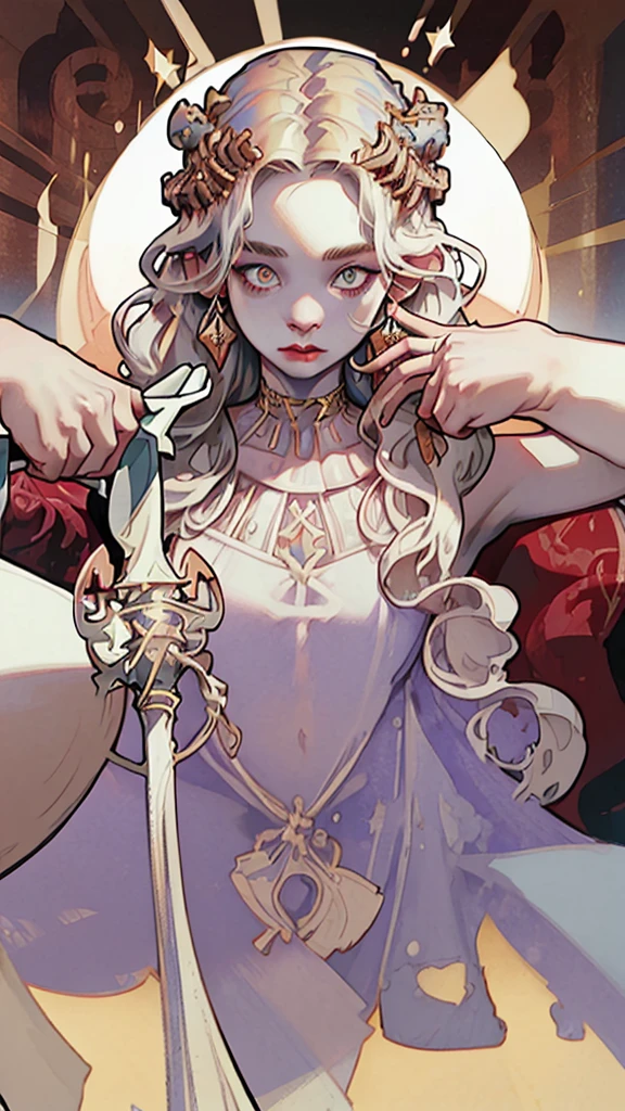 Portrait of one beautiful albino woman with detailed braided medieval hairstyle (white hair) , wearing detailed medieval gown (red and black colours), with gold accessories and gold crown, medieval queen, medieval woman,queen,game of thrones style,daenerys targaryen style, high quality, very detailed,hd quality, masterpiece,(purple eye colour)