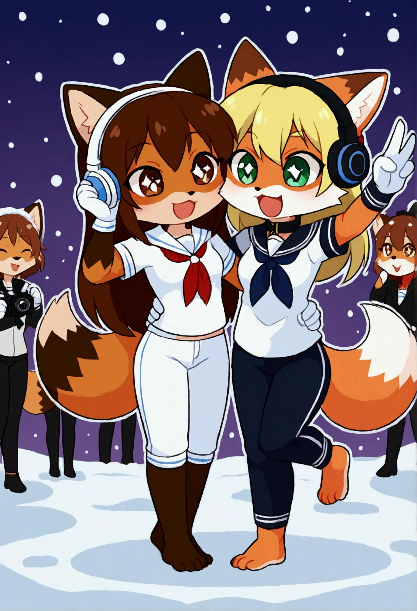 2girls, fox and tanuki, furry, bodyfur, tail, collar, sailor suit, short sleeves, jersey pants, long pants, white gloves, snow gloves, barefeet, chibi, sparkling eyes, full body, snow, camera, idol, singing, dancing, headphones