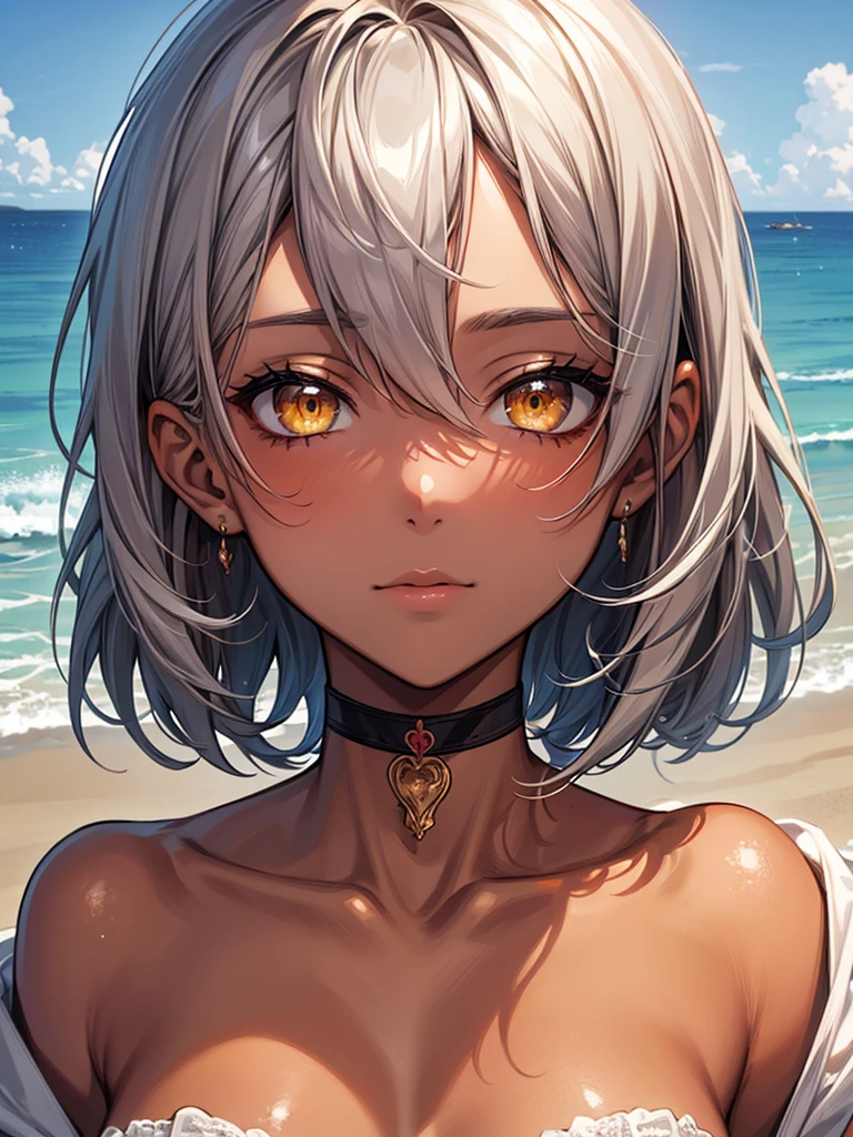 masterpiece, Highest quality, Perfect Face, Highest Resolution, Highest quality,Detailed depiction of the eyes, 8k, 1 girl, young, dark tan skin, slate gray hair, short hair, upturned eyes, Yellow Orange eyes, ribbon choker, Seaside house, relax and enjoy,  Perfect Anatomy