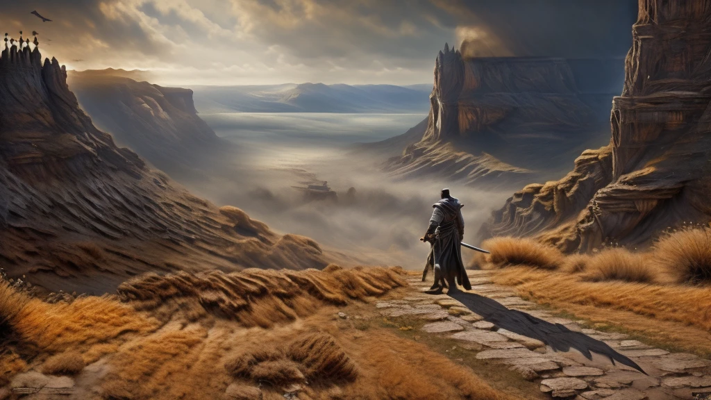 An enigmatic lone swordsman strides gracefully into a foreboding, perilous landscape, with a winding road stretching behind him, vanishing into the distance. In the far background, a mist-shrouded city rises from the shadows, its towering spires and grand architecture a testament to a long-forgotten era. His tattered cloak billows behind him, revealing a gleaming sword at his hip and a determined expression on his weathered face. The scene is depicted in a vivid and immersive painting, with rich colors and intricate details that bring the character to life. The overall composition is both dynamic and atmospheric, drawing viewers in with its sense of mystery and adventure, des3rt4rmor