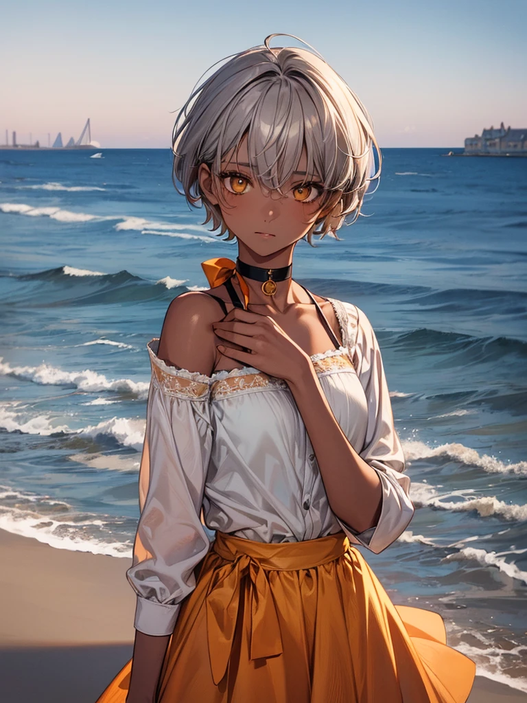 masterpiece, Highest quality, Perfect Face, Highest Resolution, Highest quality,Detailed depiction of the eyes, 8k, 1 girl, young, dark tan skin, slate gray hair, short hair, upturned eyes, Yellow Orange eyes, ribbon choker, Seaside house, relax and enjoy, Perfect Anatomy