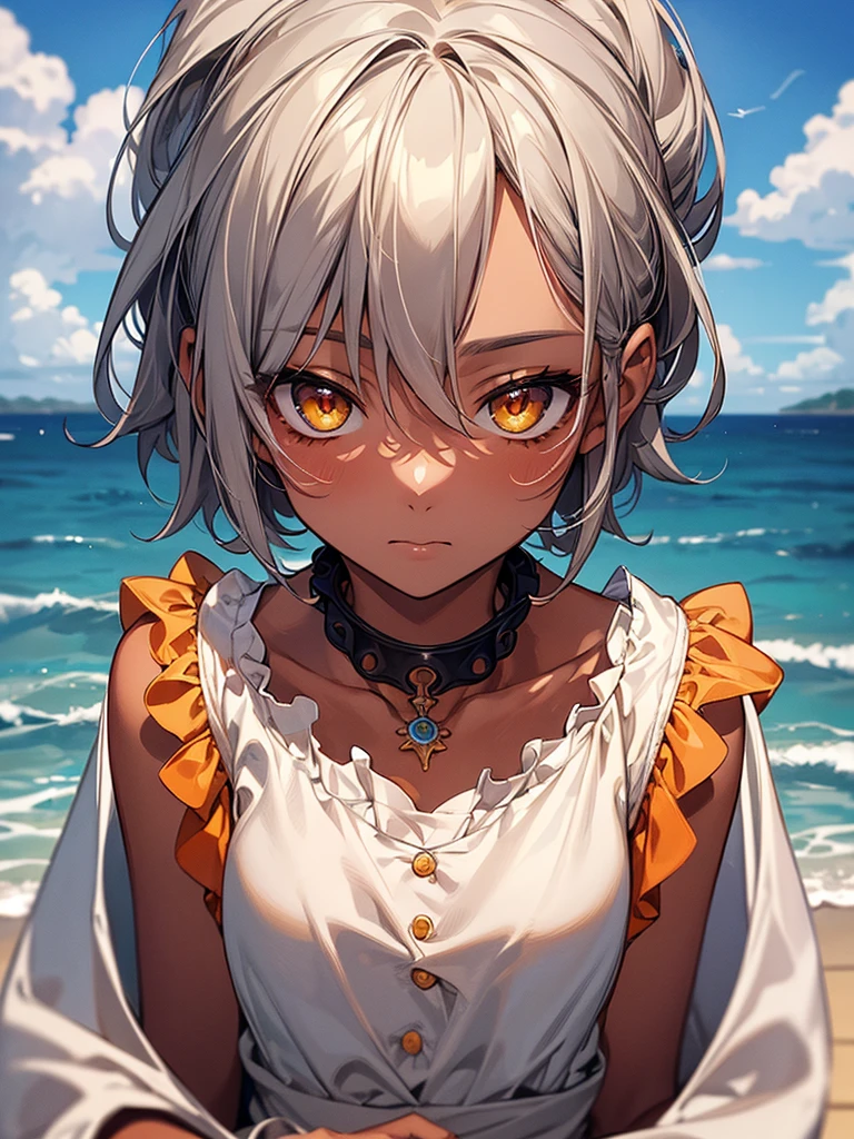 masterpiece, Highest quality, Perfect Face, Highest Resolution, Highest quality,Detailed depiction of the eyes, 8k, 1 girl, young, dark tan skin, slate gray hair, short hair, upturned eyes, Yellow Orange eyes, ribbon choker, Seaside house, relax and enjoy,  Perfect Anatomy