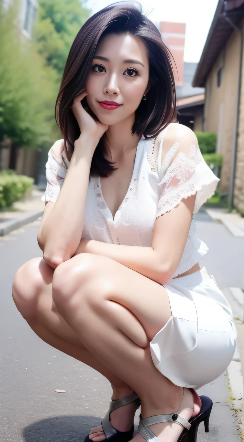 One Japanese woman、38 years old、Beautiful double eyelids、White skin, Perfect Makeup, Lip gloss、Small breasts, smile, Crouching in the alley, looking at me、Full body photo from the front、(A loose, lightweight white blouse、Long Flared Skirt:1.4)、Strap Pin Heel、depth of field, uhd, anatomically correct, textured skin, best quality, high details, 16K,