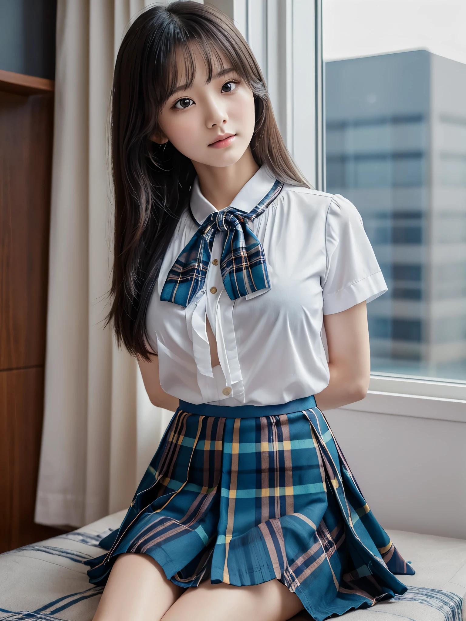 8k, Raw photo, Highest quality, masterpiece:1.2), masterpiece, Highest quality, figure, Very detailed, Fine details, High resolution, 8k,wallpaper, Perfect dynamic composition,(Detailed high quality, Realistic depiction of eyes:1.3)、A woman who has been kidnapped and has her hands tied、Arms wrapped around his back, hands tie behind back, Inside a beautiful hotel room at night、Crouching、Outside the window is a night view、((( With legs wide open、Her white panties are visible between her skirt and legs.)))、(((Blue Short Sleeve Blouse、Tartan plaid pleated skirt)))、whole body、The whole thing faces forward、21 years old、I am a TV personality.、Beauty、Well-formed face、Make your eyes even、Beautiful black hair、Has bangedium build、Well-balanced proportions、Beautiful legs、Fresh face、Beautiful scenery、(((Viewers gaze forward)))、