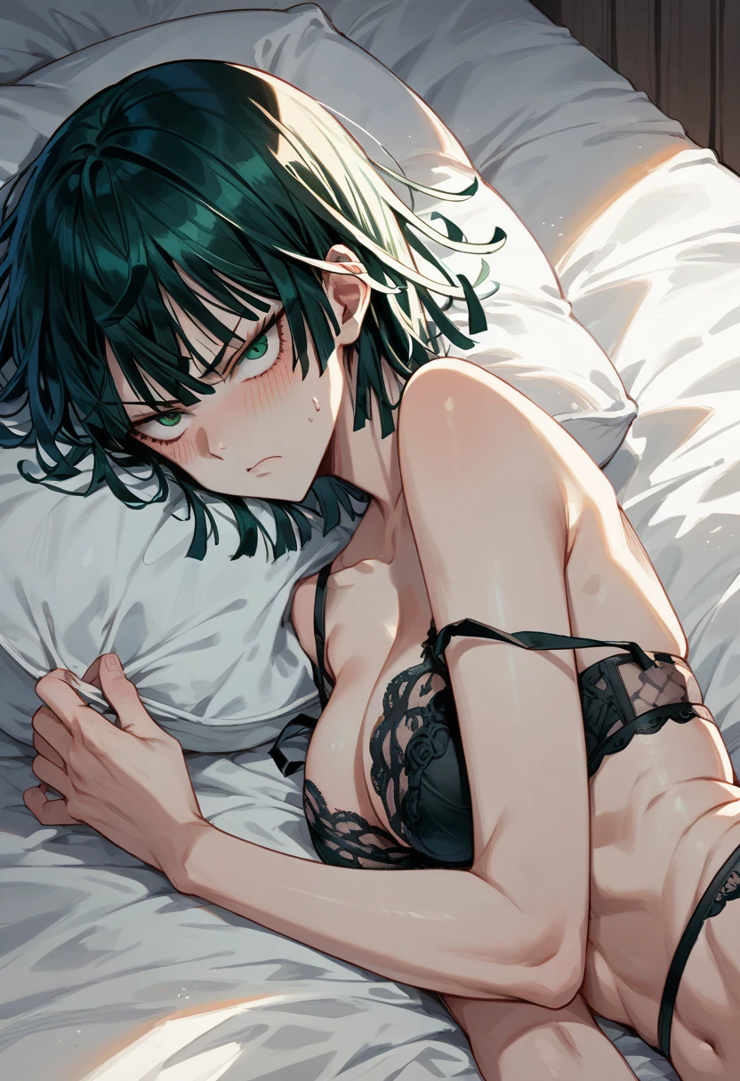 one-punch man, Fubuki character, black lingerie, annoyed, blushing, lying down , bed,