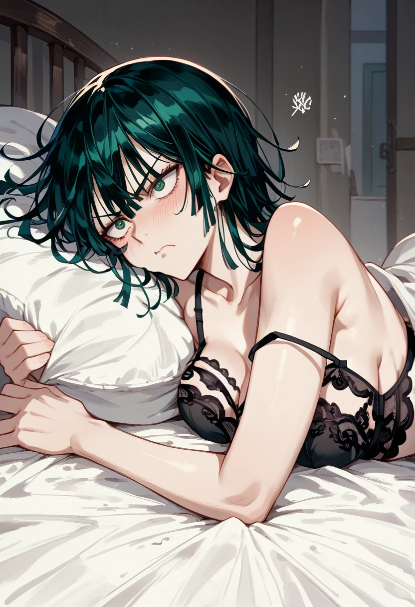 one-punch man, Fubuki character, black lingerie, annoyed, blushing, lying down , bed,