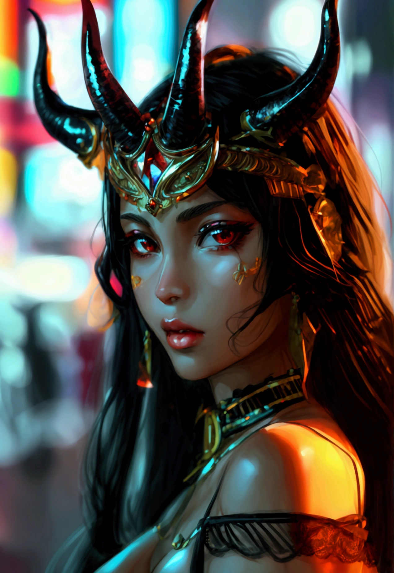 highest quality, ultra high resolutions, super detailed, gorgeous, masterpiece, best quality, high resolution, finely detailed, extremely beautiful, distinct image, Sumerian Goddess Ishtar, Seductive bright RED-skinned Succubus, demon girl, onyx black horns jutting out her forehead, glistening and alluring red demonic skin, piercing olive-brown eyes, sleek and curly waist length black hair, slender and slim girl with mouthwatering curves, big breasts, 15 years old, plain off-shoulder crop blouse, white stockings, thong panties. 1 girl, solo, beautiful and seductive features, symmetrical face, S-shaped face, tall height, toned body, blurred nighttime city background, cowboy shot