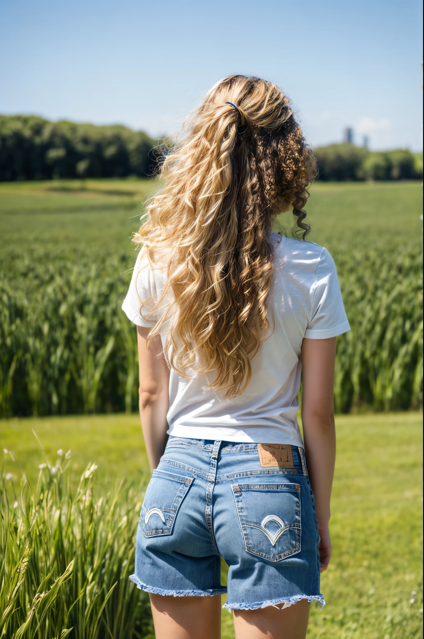 girl, usando shorts jeans, crooped branco, blonde, long hair, curly, field of wheat, Sunnyday, deep blue sky, rear view, whole body, ass