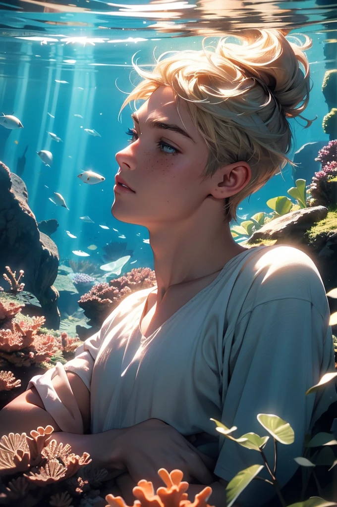 a young male tritton with medium-length blond hair, freckles, scales on certain parts of body, underwater, fish, coral, submarine vegetation, shell, clear water, tritton, long eyelashes, realistic, photorealistic, photo-realistic:1.37, 4k, ultra-detailed, extremely detailed, hyperrealistic, highly detailed, masterpiece:1.2, vibrant colors, natural lighting, cinematic, dramatic, fantasy, magical, surreal, ethereal, serene, tranquil, atmospheric, bubble.