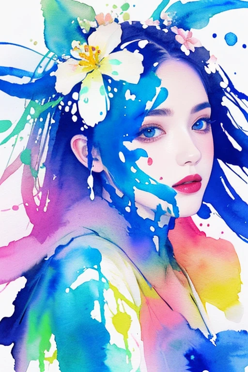 (beautiful woman portrait),best quality,masterpiece,official art,watercolor painting,(splashing color:1.2),(the flower skirt that outlines the color ink surrounds the woman:1.2),(minimalism),modern watercolor painting,bright colors,romanticism,josya midton comics cover art,