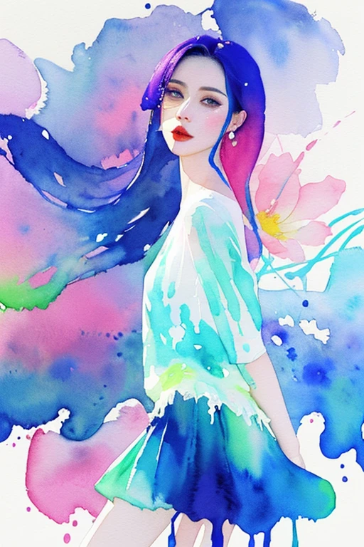 (beautiful woman portrait),best quality,masterpiece,official art,watercolor painting,(splashing color:1.2),(the flower skirt that outlines the color ink surrounds the woman:1.2),(minimalism),modern watercolor painting,bright colors,romanticism,josya midton comics cover art,