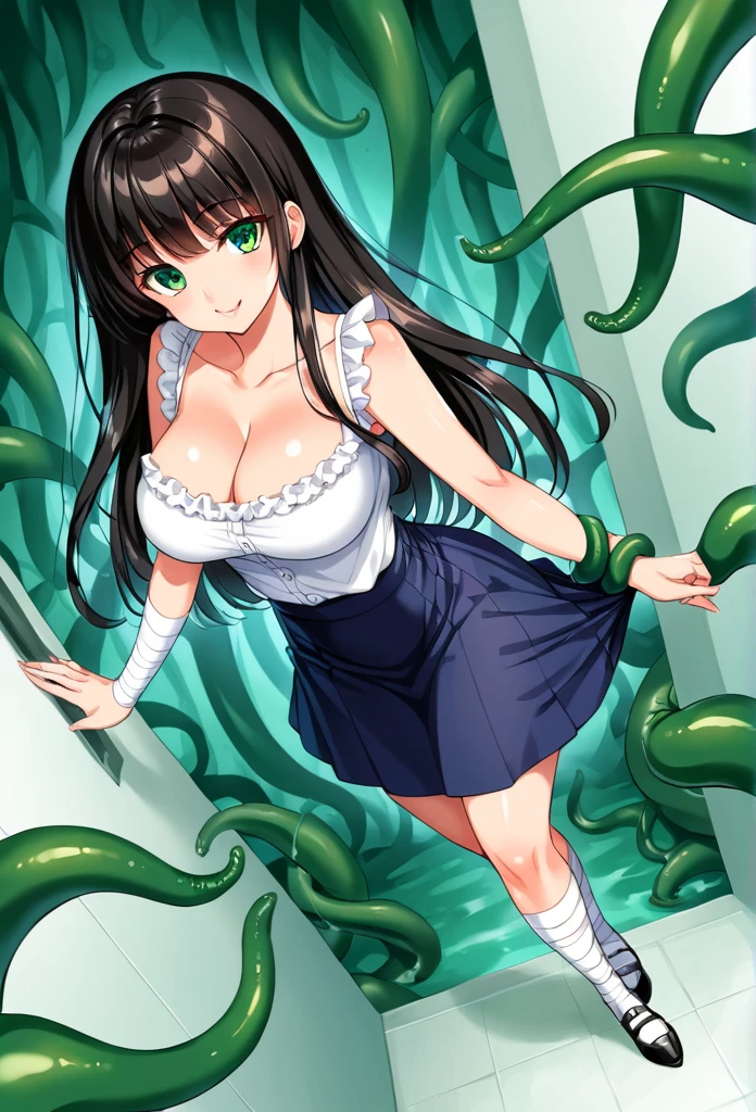 detailed illustration (side view),dynamic angle, ultra-detailed, illustration, pose for the camera, smiling at viewer, clean line art, shading, anime, detailed eyes, detailed face, beautiful face, (1 girl: 1.2), anime, full body, POV from below looking up at woman,
(tight button up white blouse:1.5), cleavage, (long full length blue skirt:1.5), bed room eyes, 1950’s style kitchen, long black hair, (well endowed: 1.8), sexy wholesome, motherly, nurturing, MILF, thick, curvy, hourglass body shape, dummy thicc, (long green tentacles coming out of skirt: 1.8), (woman with tentacle appendages coming out of skirt: 1.9) woman is the tentacle monster,