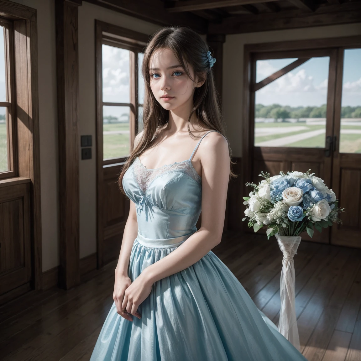 Middle view, medium shot, Written limit depth, Bustness, trunk, cinematic angle, work of art, highest quallity, super verbose, CG, 8 k wallpaper, beautiful  face, delicate light blue eyes, maiden, standing alone, ssmile, bangss, overskirt, chemise, having, deep blue dress, 弓, petal, bouquet