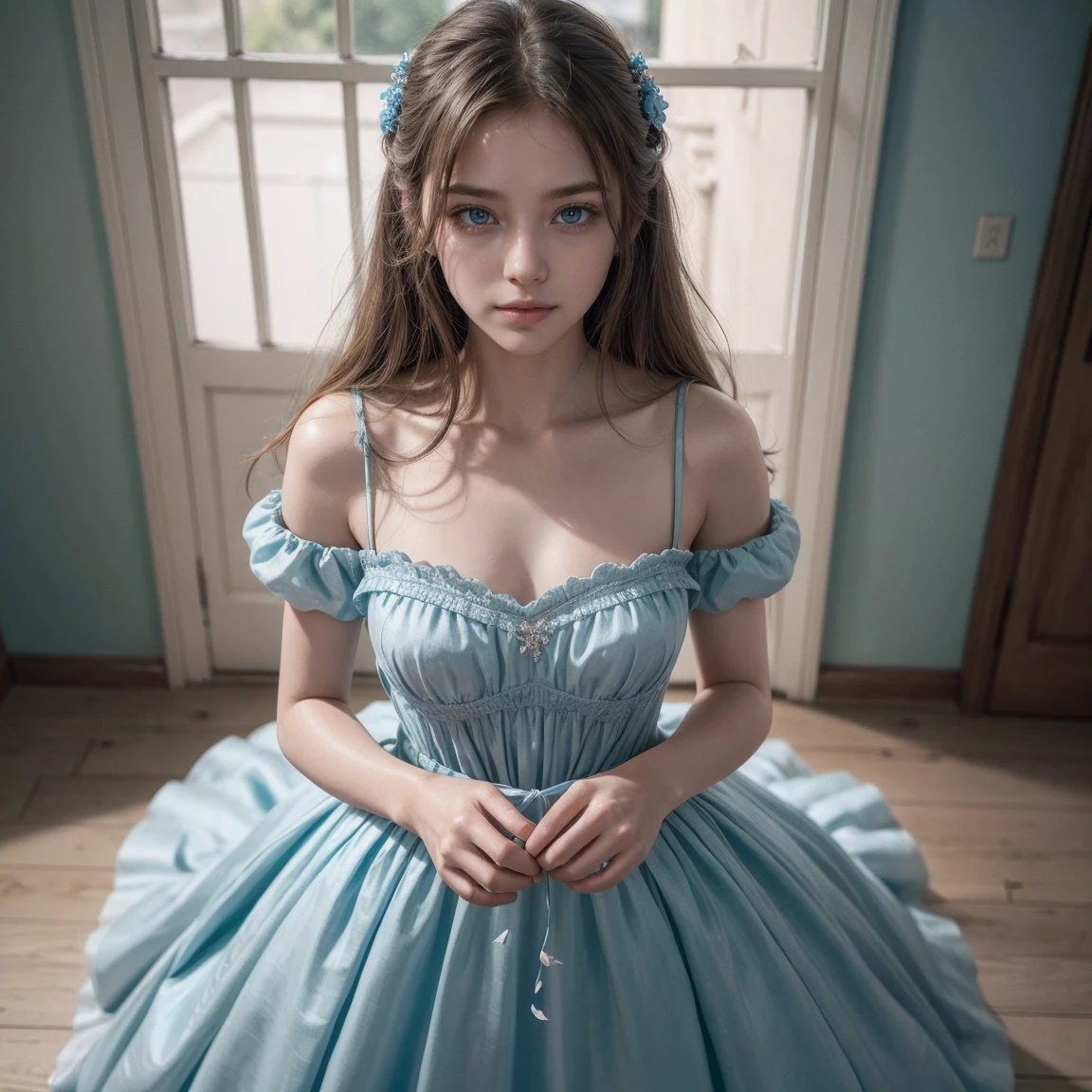 Middle view, medium shot, Written limit depth, Bustness, trunk, cinematic angle, work of art, highest quallity, super verbose, CG, 8 k wallpaper, beautiful face, delicate light blue eyes, maiden, standing alone, ssmile, bangss, overskirt, chemise, having, deep blue dress, 弓, petal, bouquet