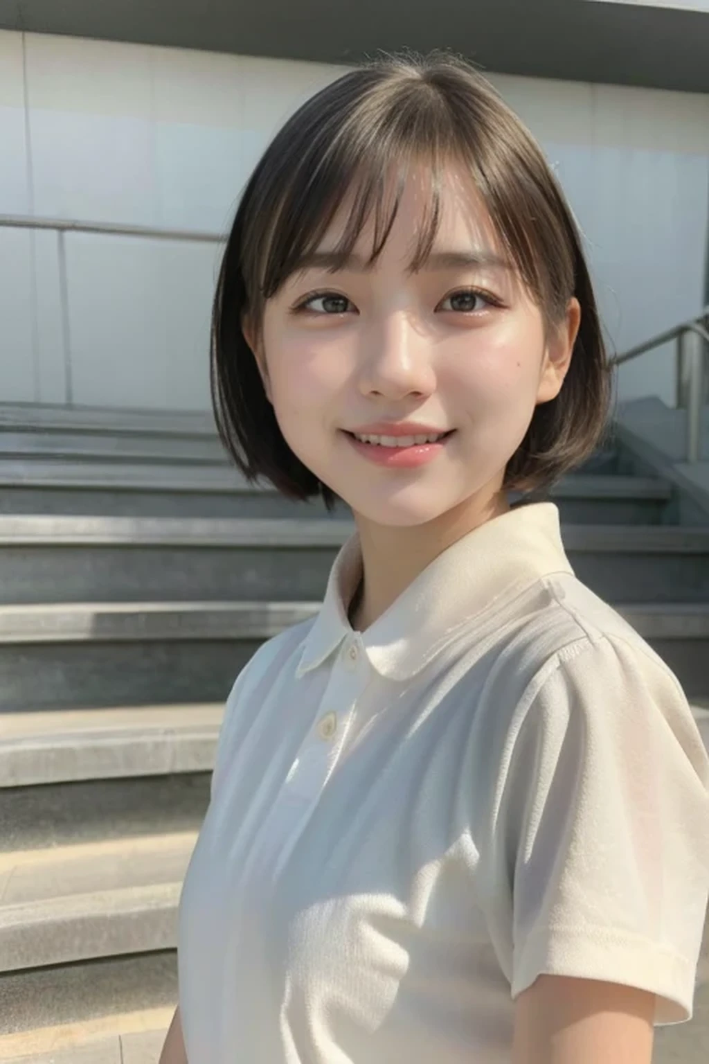 (from below:1.5), (8k, RAW photo, best quality, masterpiece:1.2), (realistic, photo-realistic:1.4), (extremely detailed 8k wallpaper), 17 years old pretty Japanese girl standing on school stairs, (very short cut hair:1.3), smile, japanese schooluniform