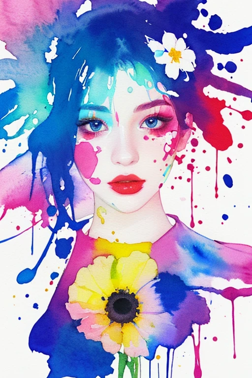 (beautiful woman portrait),best quality,masterpiece,official art,watercolor painting,(splashing color:1.2),(the flower skirt that outlines the color ink surrounds the woman:1.2),(minimalism),modern watercolor painting,bright colors,romanticism,josya midton comics cover art,