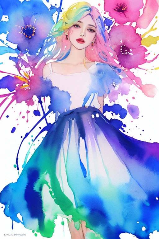 (beautiful woman portrait),best quality,masterpiece,official art,watercolor painting,(splashing color:1.2),(the flower skirt that outlines the color ink surrounds the woman:1.2),(minimalism),modern watercolor painting,bright colors,romanticism,josya midton comics cover art,