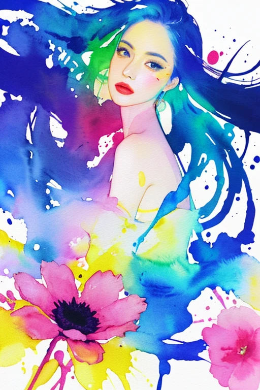 (beautiful woman portrait),best quality,masterpiece,official art,watercolor painting,(splashing color:1.2),(the flower skirt that outlines the color ink surrounds the woman:1.2),(minimalism),modern watercolor painting,bright colors,romanticism,josya midton comics cover art,