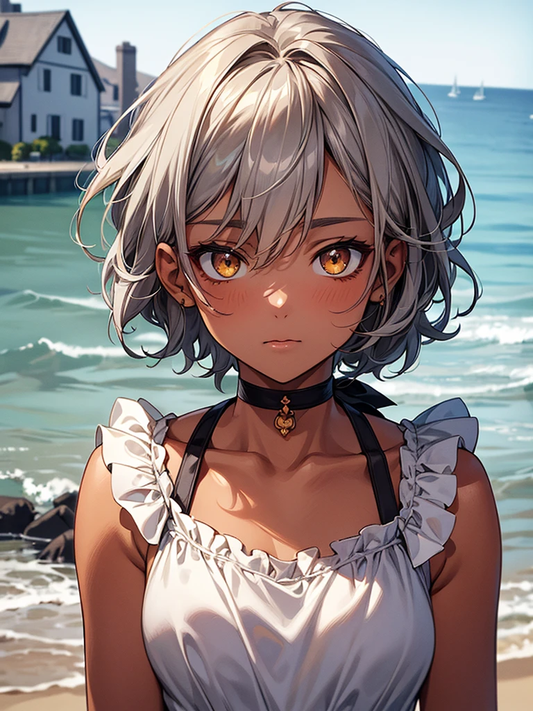 masterpiece, Highest quality, Perfect Face, Highest Resolution, Highest quality,Detailed depiction of the eyes, 8k, 1 girl, young, dark tan skin, slate gray hair, short hair, upturned eyes, Yellow Orange eyes, ribbon choker, Seaside house, relax and enjoy,  Perfect Anatomy