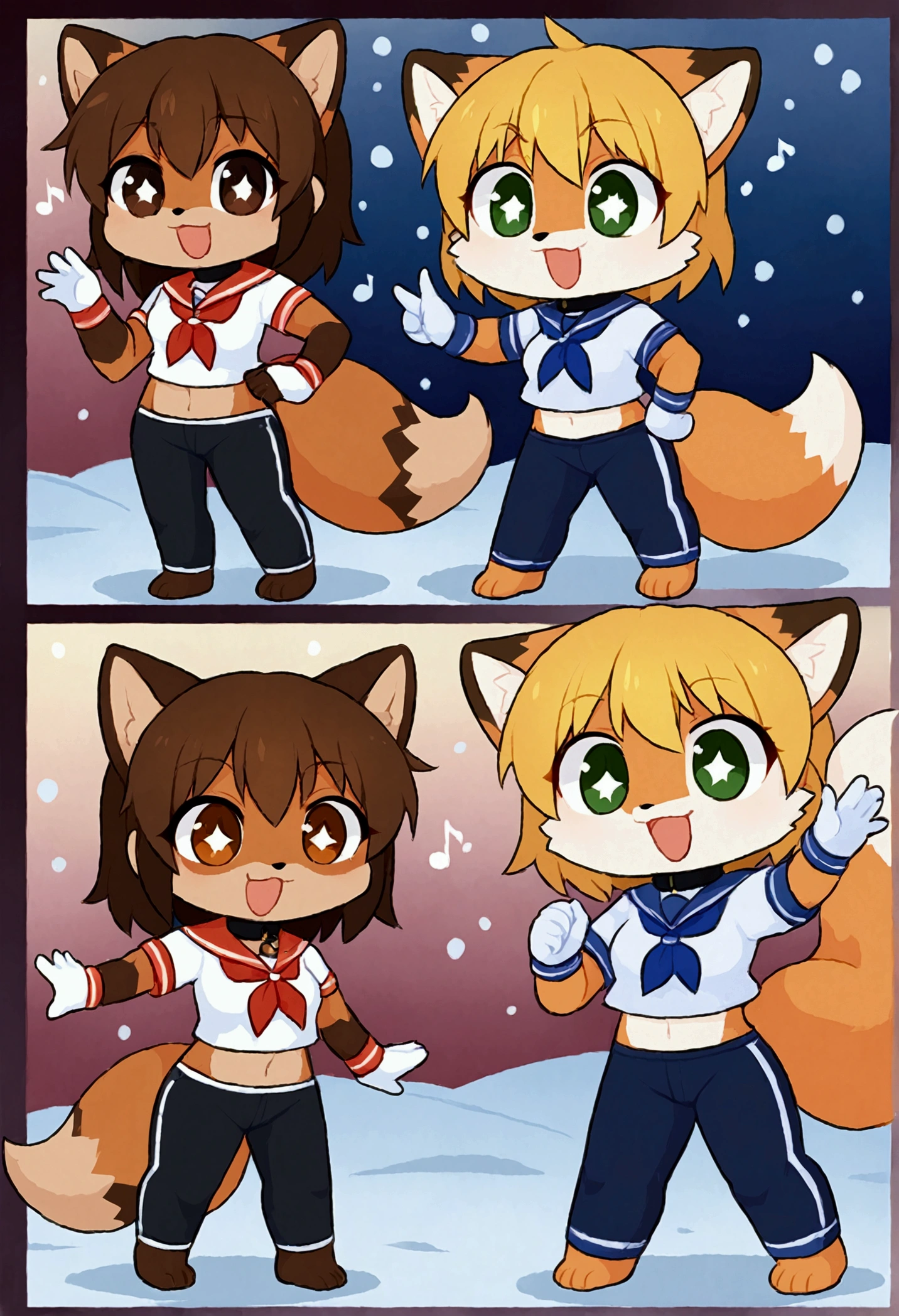 2girls, fox and tanuki, furry, bodyfur, tail, collar, sailor suit, short sleeves, jersey pants, long pants, white gloves, snow gloves, barefeet, chibi, sparkling eyes, full body, snow, camera, idol, singing, dancing, headphone, boyish