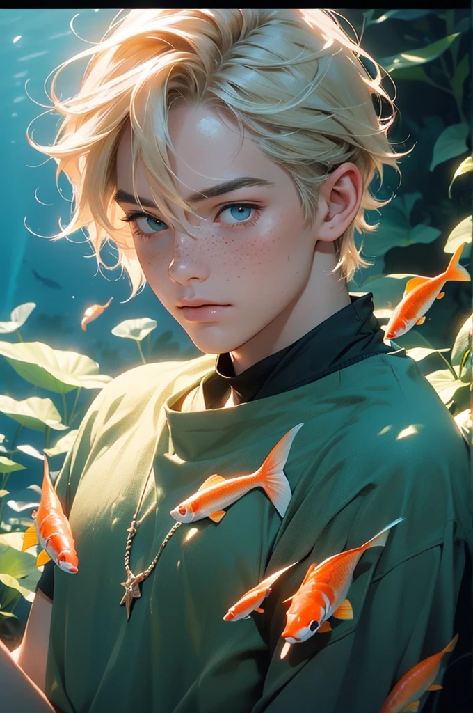 a young male tritton with medium-length blond hair, freckles, scales on certain parts of body, underwater, fish, coral, submarine vegetation, shell, clear water, tritton, long eyelashes, realistic, photorealistic, photo-realistic:1.37, 4k, ultra-detailed, extremely detailed, hyperrealistic, highly detailed, masterpiece:1.2, vibrant colors, natural lighting, cinematic, dramatic, fantasy, magical, surreal, ethereal, serene, tranquil, atmospheric, bubble, no clothes, fish man.
