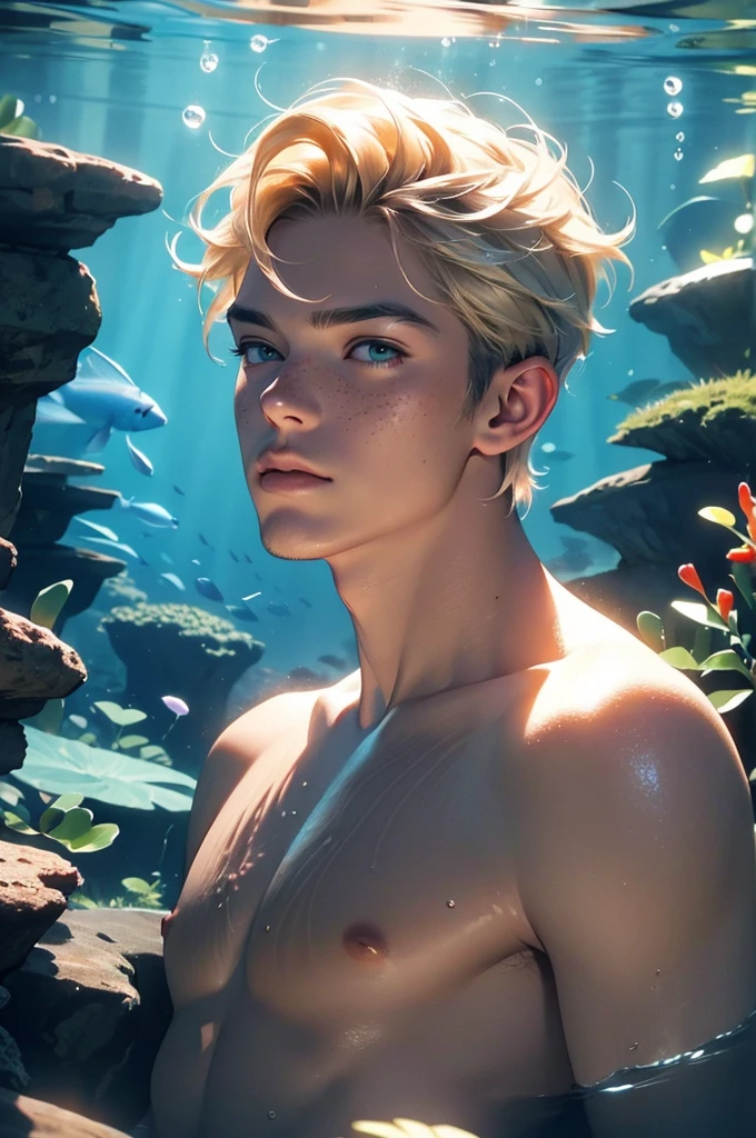 a young male tritton with medium-length blond hair, freckles, scales on certain parts of body, underwater, fish, coral, submarine vegetation, shell, clear water, tritton, long eyelashes, realistic, photorealistic, photo-realistic:1.37, 4k, ultra-detailed, extremely detailed, hyperrealistic, highly detailed, masterpiece:1.2, vibrant colors, natural lighting, cinematic, dramatic, fantasy, magical, surreal, ethereal, serene, tranquil, atmospheric, bubble, no clothes, fish man.