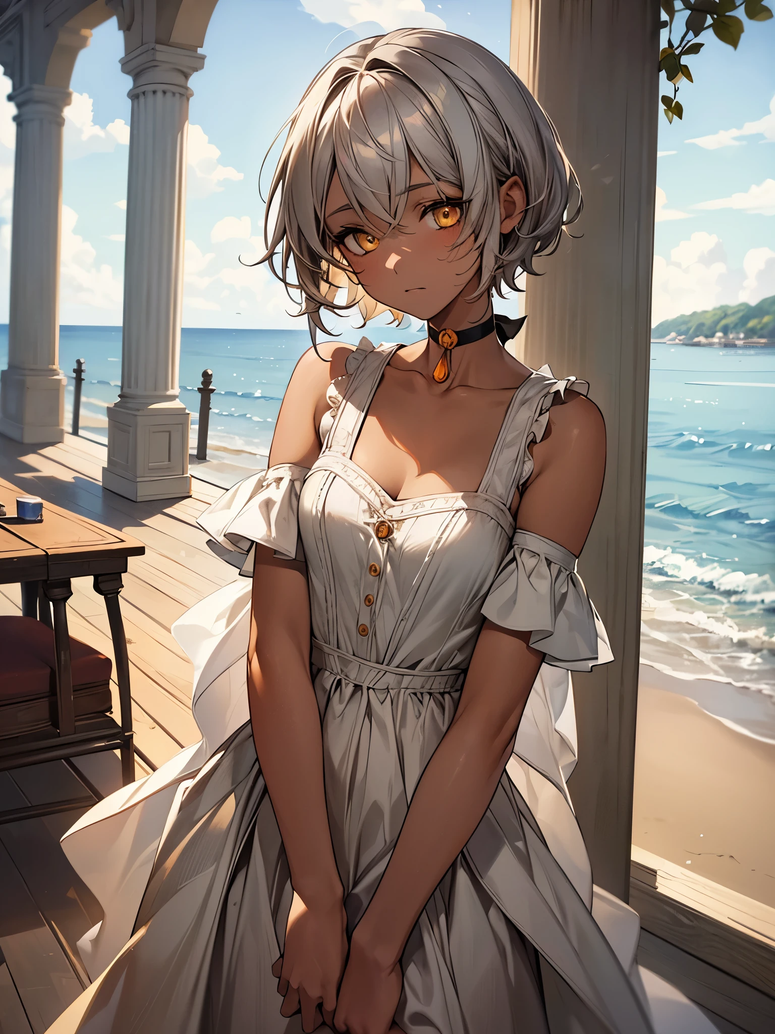 masterpiece, Highest quality, Perfect Face, Highest Resolution, Highest quality,Detailed depiction of the eyes, 8k, 1 girl, young, dark tan skin, slate gray hair, short hair, upturned eyes, Yellow Orange eyes, ribbon choker, Seaside house, relax and enjoy, Perfect Anatomy