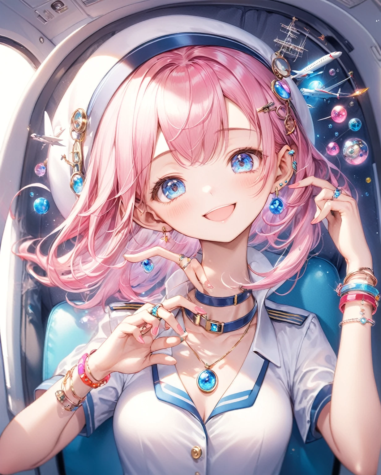 (Highest quality, 8k, 32K, masterpiece, Ultra-high resolution,:1.2),to be born, One Girl,So cute ,A fantasy background that resembles an airplane or an electronic world, clear, Shining Eyes, Age 25 ,Fair skin, Pink Haired Girl, dentist, An innocent smile, Blue eyes, Pierced ears sparkle, An elegant necklace adorns her slender neck, Rings and bracelets decorate the fingers. expensive,Cabin attendant,stewardess