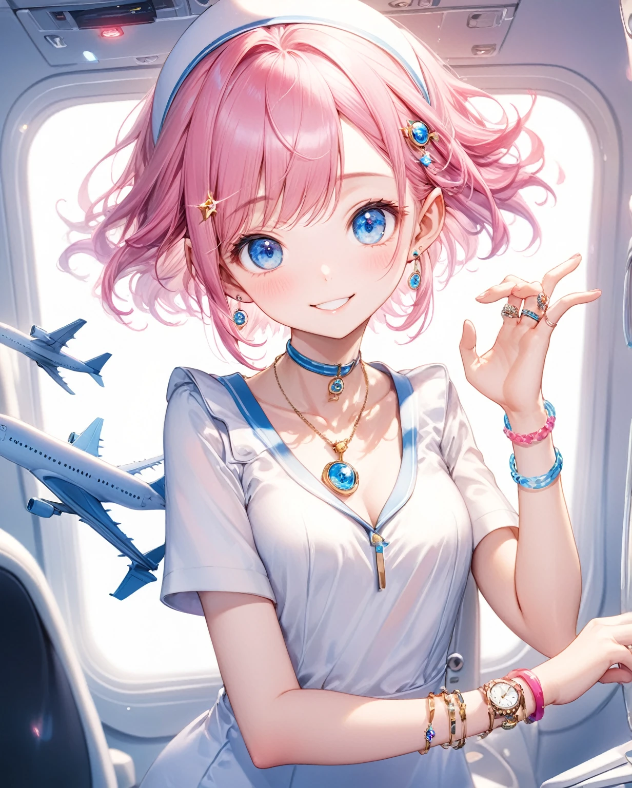(Highest quality, 8k, 32K, masterpiece, Ultra-high resolution,:1.2),to be born, One Girl,So cute ,A fantasy background that resembles an airplane or an electronic world, clear, Shining Eyes, Age 25 ,Fair skin, Pink Haired Girl, dentist, An innocent smile, Blue eyes, Pierced ears sparkle, An elegant necklace adorns her slender neck, Rings and bracelets decorate the fingers. expensive,Cabin attendant,stewardess