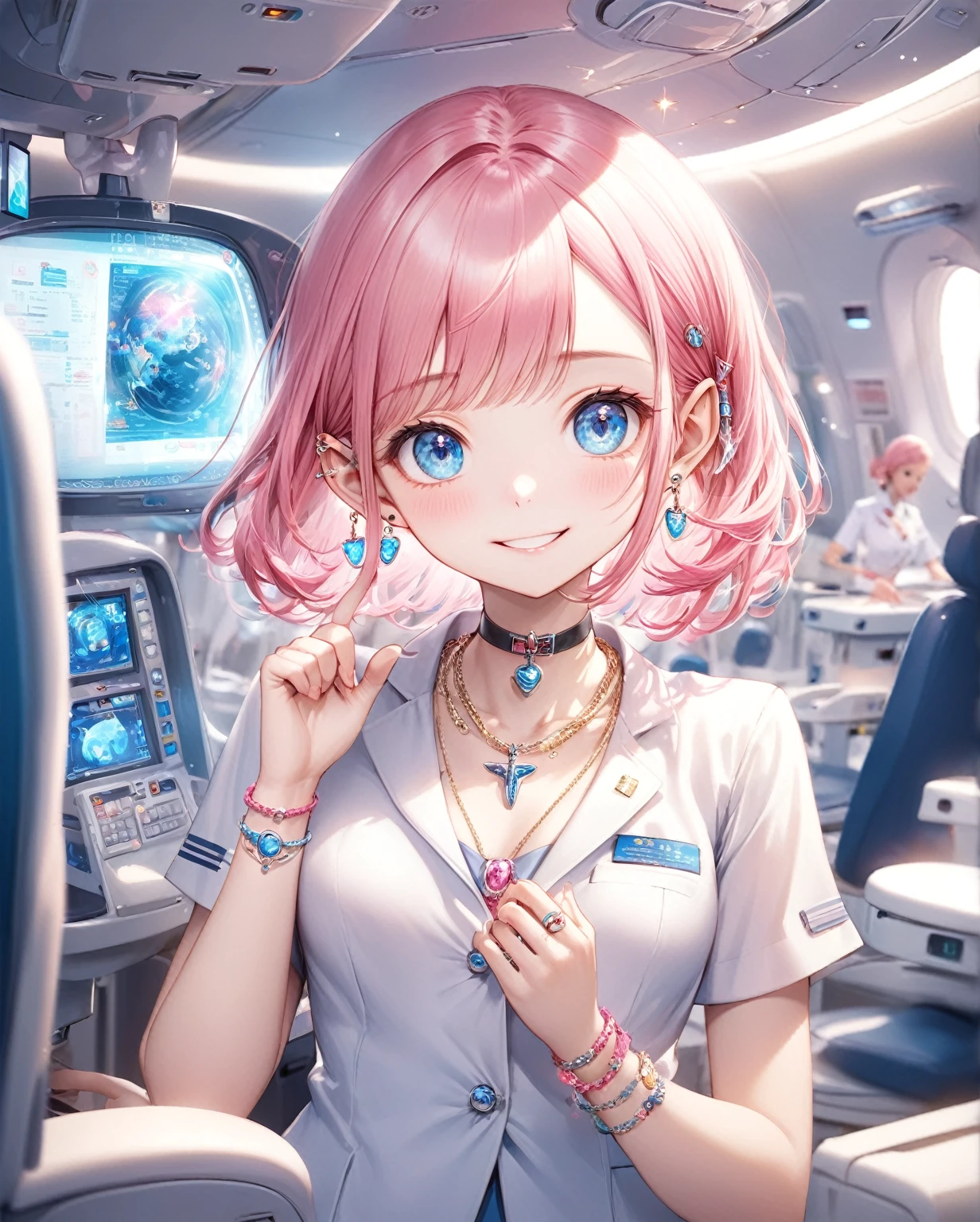 (Highest quality, 8k, 32K, masterpiece, Ultra-high resolution,:1.2),to be born, One Girl,So cute ,A fantasy background that resembles an airplane or an electronic world, clear, Shining Eyes, Age 25 ,Fair skin, Pink Haired Girl, dentist, An innocent smile, Blue eyes, Pierced ears sparkle, An elegant necklace adorns her slender neck, Rings and bracelets decorate the fingers. expensive,Cabin attendant,stewardess