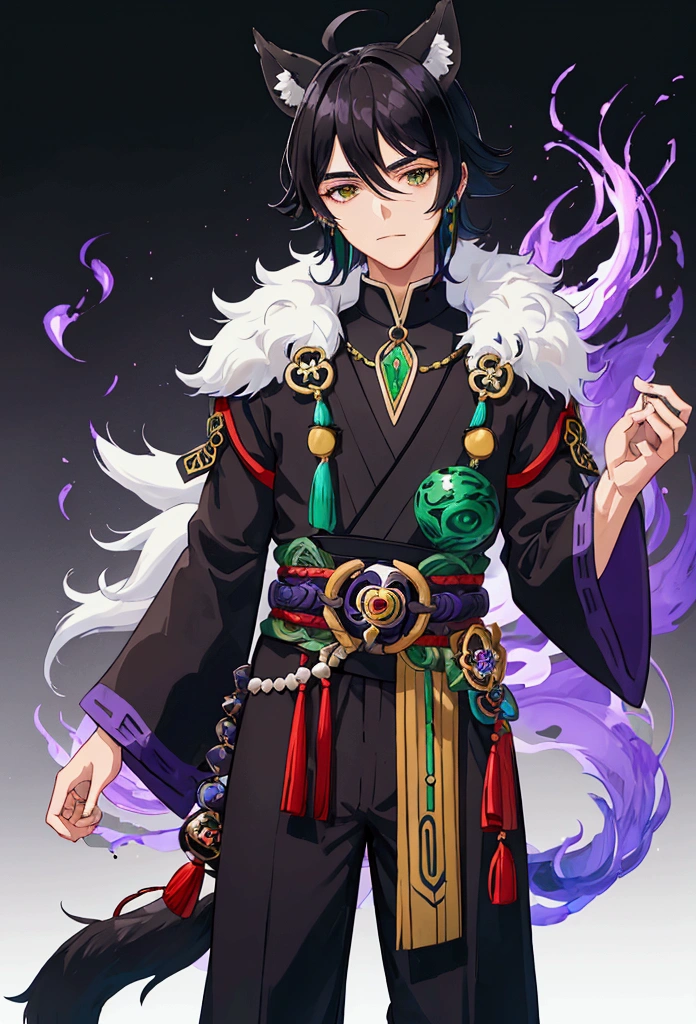A boy with dark black hair, a dendro bison, dendro power, fox ears, fox tails, one purple eye one green eye, from Genshin impact, from Sumeru, from Genshin impact, in the desert.