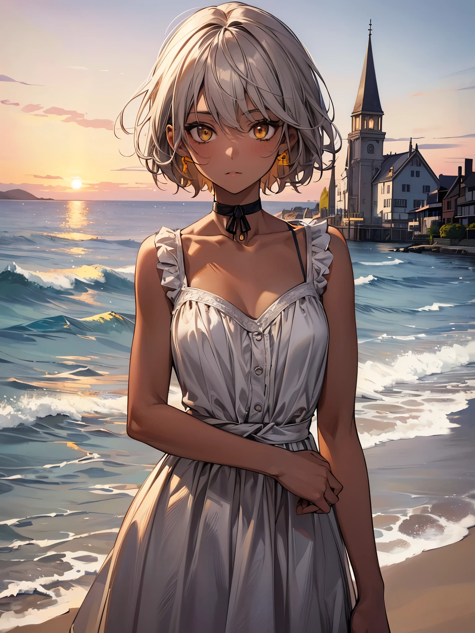 masterpiece, Highest quality, Perfect Face, Highest Resolution, Highest quality,Detailed depiction of the eyes, 8k, 1 girl, young, dark tan skin, slate gray hair, short hair, upturned eyes, Yellow Orange eyes, ribbon choker, Seaside house, relax and enjoy, Perfect Anatomy