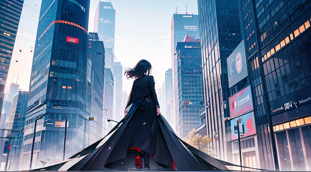 In the city of shibuya,skyscrapers pierce the sky, The main subject of this image is a lone 20years lady standing and looking up, on the center of countless buildings, their backview stark against In very strong sunlight and headwind. The image is rendered in exquisite detail, each shadow and highlight expertly crafted to create a sense of depth and movementl, showcasing the intricacies of the cityscape in front. The girl is cloaked in a business style, facing the other way, standing on his dignity. The scene drawing the viewer strengthen the soul.