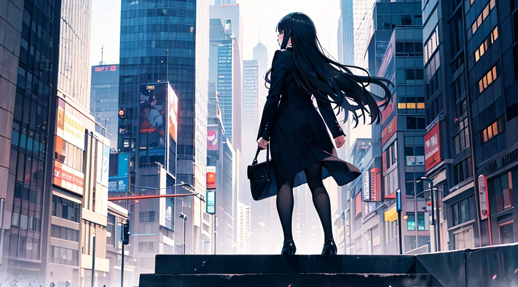 In the city of shibuya,skyscrapers pierce the sky,  The main subject of this image is a lone 20years lady standing and looking up, on the center of countless buildings, their backview stark against In very strong sunlight and headwind. The image is rendered in exquisite detail, each shadow and highlight expertly crafted to create a sense of depth and movementl, showcasing the intricacies of the cityscape in front. The girl is cloaked in a business style, facing the other way, standing on his dignity. The scene drawing the viewer strengthen the soul.