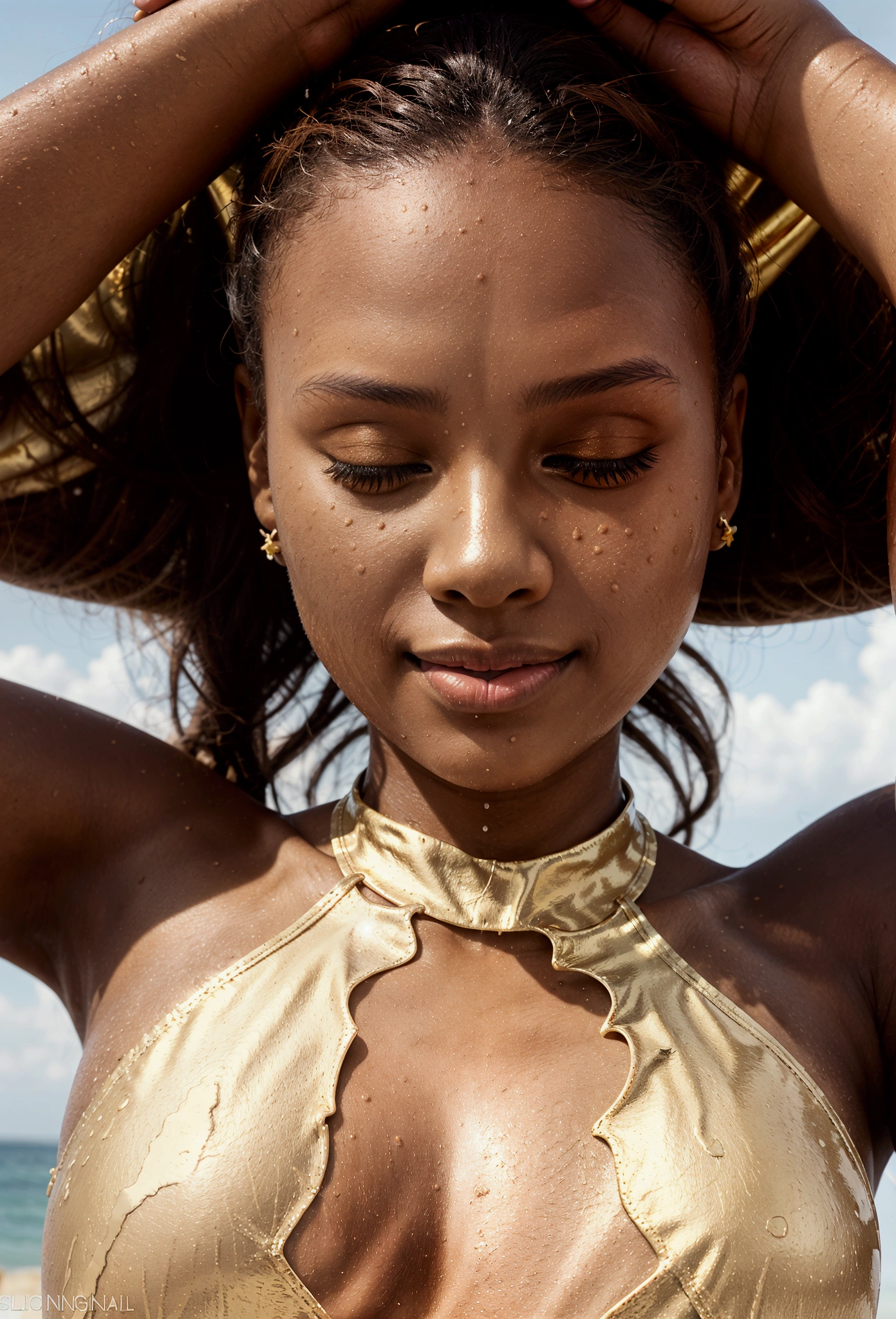 a close up of a woman in a tan swimsuit on a beach, in a gold one piece swimsuit, is wearing a swimsuit, wet swimsuit, maria borges, swimsuit model, with brown skin, swimsuit, monokini, crisp smooth lines, brown skinned, light skin, tan skin, deep tan skin, gold transparent bikini, wearing leather swim suite, closed swimsuit, flower on head, closed eyes, light smile, high detail, Realism, depth of field, from below, lens flare, 85mm, anatomically correct, textured skin, super detail, high quality, high details, accurate, high quality