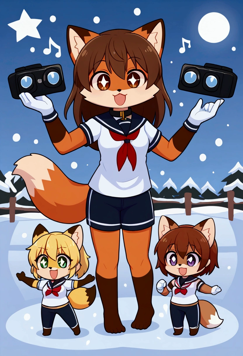 3girls, fox and tanuki, furry, bodyfur, tail, collar, sailor suit, short sleeves, jersey pants, long pants, white gloves, snow gloves, barefeet, chibi, sparkling eyes, full body, snow, camera, idol, singing, dancing, headphone, boyish