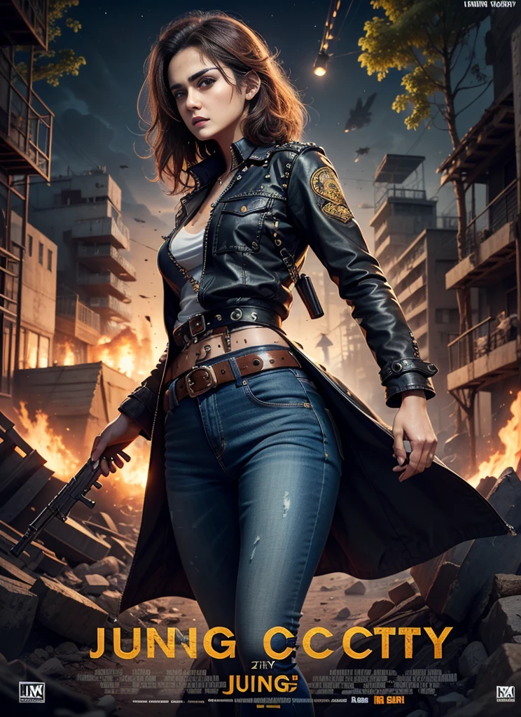 Movie poster, jungle city, lion warrior, preity zinta, black jeans, belt, long t-shirt, coat, rivets, gun holster, rivets, explosion, jungle, ruins, only one body, night
