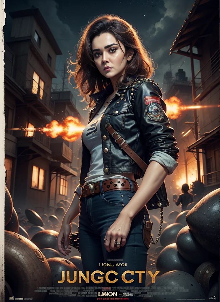 Movie poster, jungle city, lion warrior, preity zinta, black jeans, belt, long t-shirt, coat, rivets, gun holster, rivets, explosion, jungle, ruins, only one body, night