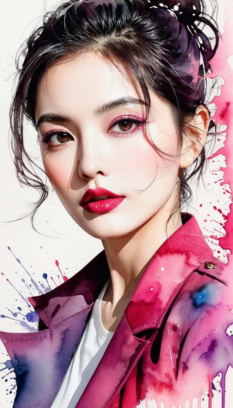 Beautiful woman portrait, Sylvia Pelissero watercolors, Beautiful Eyes、 Abstract art, Intense watercolor, Watercolor detailed art, Watercolor splash, Surreal, Avant-garde pop art, Beautiful and expressive paintings, Beautiful artwork illustration, Pink tones, wonderful, Cool Beauty, Highest quality,Official Art, women only, Sharp contours, Best Shot, Vector art, Lips in Love、 (((The most beautiful women in history))), (((Japanese)))、clear, (((Highest quality))), Lips in Love, High resolution, ((Detailed explanation)), Detailed garment texture, (((Graffiti art))), ((masterpiece))、((Very detailed))