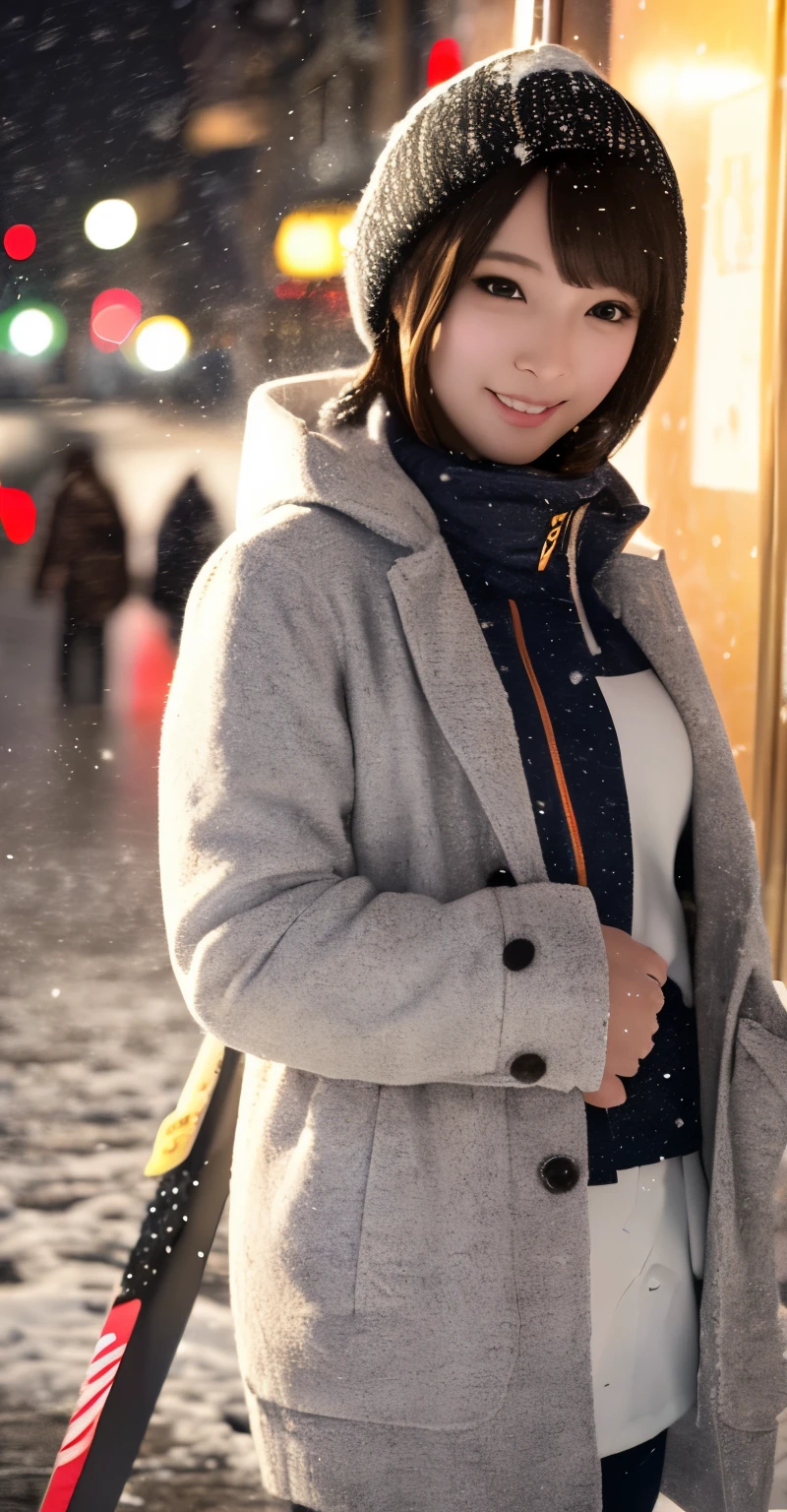 1girl in, (wear a white ski wear:1.2), (Raw photo, Best Quality), (Realistic, Photorealsitic:1.4), masutepiece, ((knee high shot)), Extremely delicate and beautiful, Extremely detailed, 2k wallpaper, amazing, finely detail, the Extremely Detailed CG Unity 8K Wallpapers, Ultra-detailed, hight resolution, Soft light, Beautiful detailed girl, extremely detailed eye and face, beautiful detailed nose, Beautiful detailed eyes, Cinematic lighting, Illuminations coloring the city on a snowy night, Snowy landscape, It's snowing, There&#39;s snow in my hair, Perfect Anatomy, Slender body, Taut, 
Straight short hair, Bangs, Looking at Viewer, A slight smil