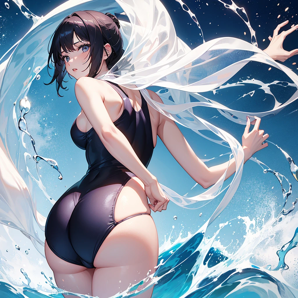 Woman in a swimsuit that is white and tight (a little more transparent) and she is turned around showing her back (her butt bigger) and grabs the rear