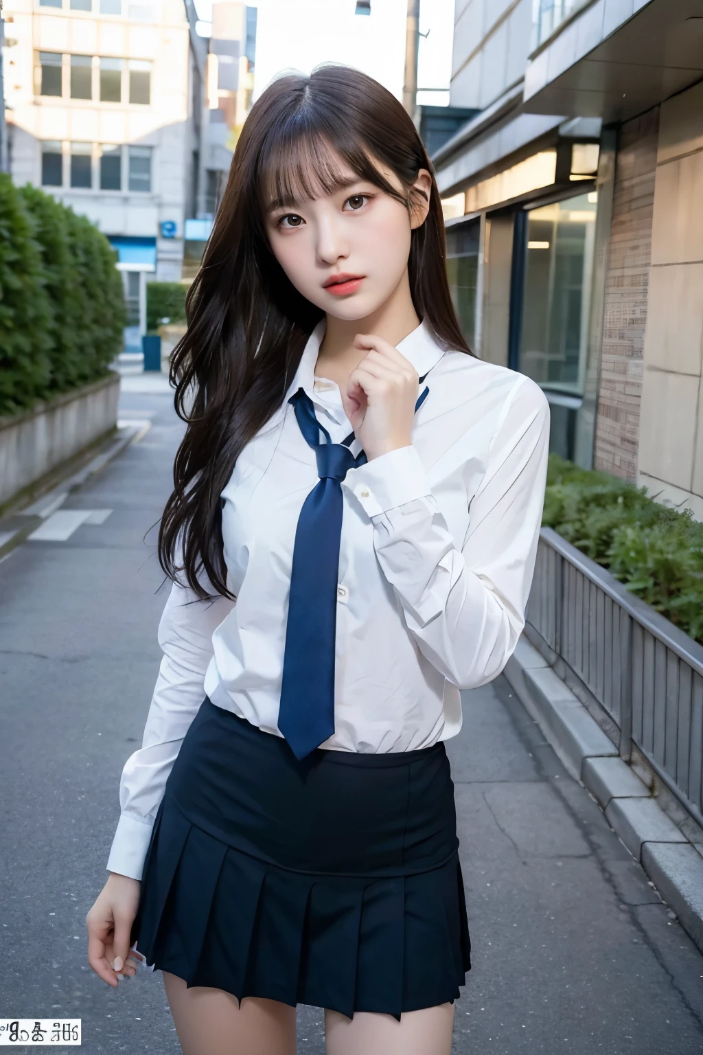 RAW Photos,（8k）、（Highest quality：1.2）、（Realistic）、（Realistic：1.37）、Ultra-high resolution、Selfie photo of a high school girl、（1 female、Half Korean and half Ukrainian、80% Korean、************、walkway、RAW Photography、8k、top-quality、超A high resolution、beautiful faces detailed、Real human skin、Gentle expression、front-facing view、angle from bellow、length hair、realisitic、realisitic、cute little、a short skirt、Standing deep in the city、cute school girl、Japan  uniform、Japan wearing 、surreal high school girl、full bodyesbian、huge tit、