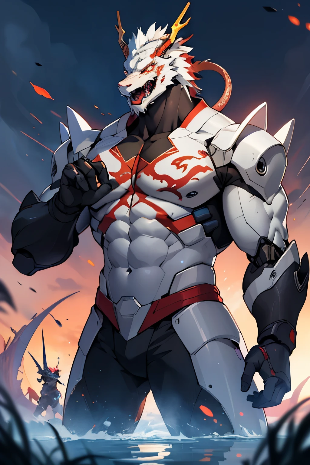 Chinese Dragon,mecha danshi,masterpiece,best quality,dusk,muscular male,depth of field,messy,Magic around, extreme size difference