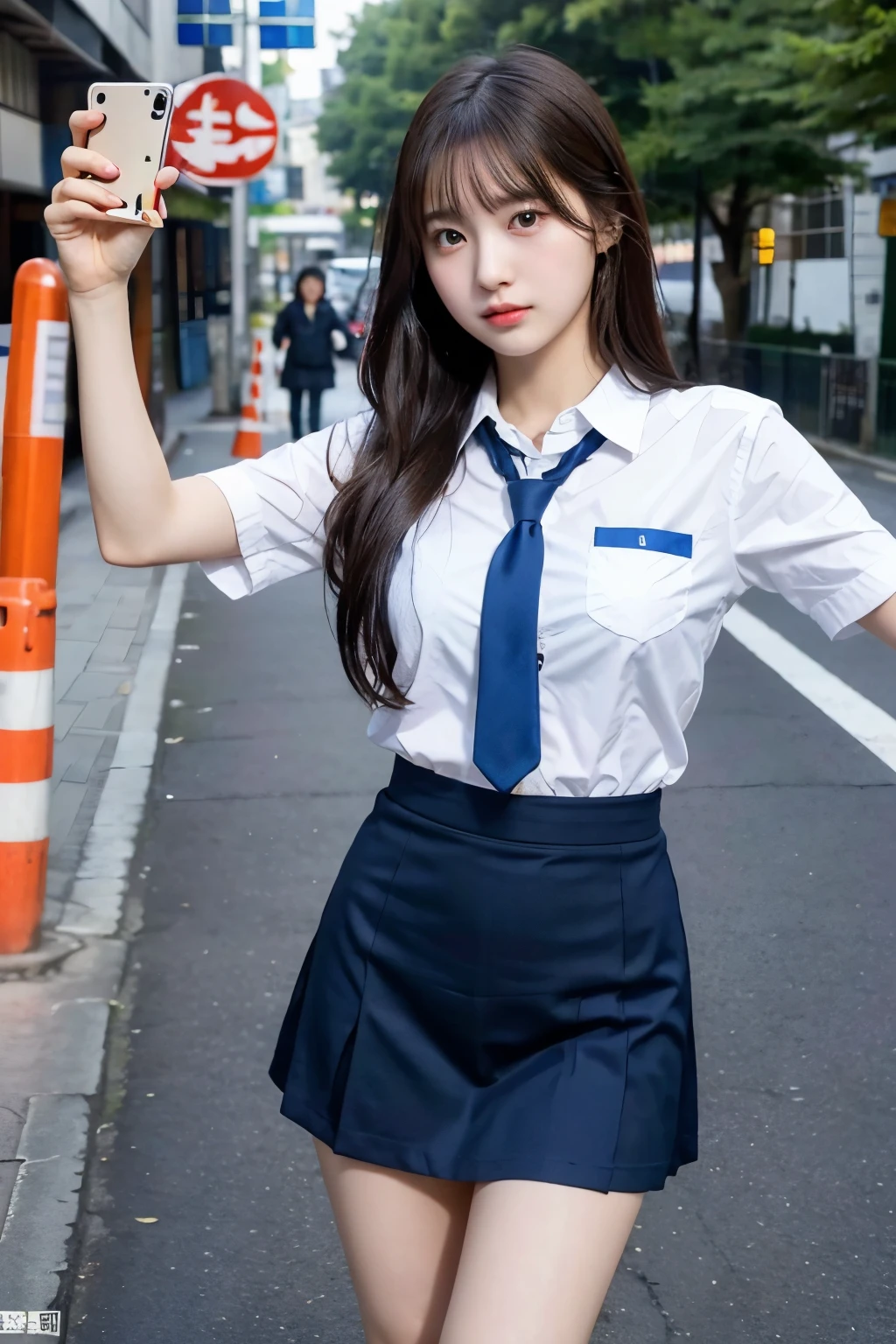 RAW Photos,（8k）、（Highest quality：1.2）、（Realistic）、（Realistic：1.37）、Ultra-high resolution、Selfie photo of a high school girl、（1 female、Half Korean and half Ukrainian、80% Korean、17 years old、walkway、RAW Photography、8k、top-quality、超A high resolution、beautiful faces detailed、Real human skin、Gentle expression、front-facing view、angle from bellow、length hair、realisitic、realisitic、cute little、a short skirt、Standing deep in the city、cute school girl、Japan  uniform、Japan wearing 、surreal high school girl、full bodyesbian、huge tit、