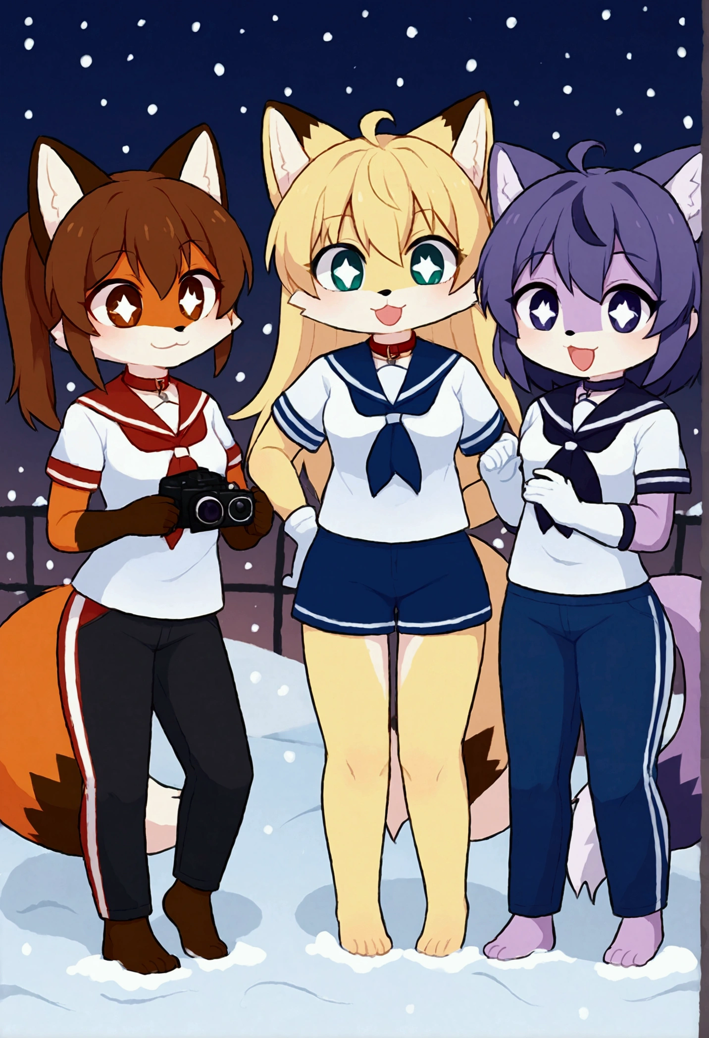 3girls, fox and tanuki, furry, bodyfur, tail, collar, sailor suit, short sleeves, jersey pants, long pants, white gloves, snow gloves, barefeet, chibi, sparkling eyes, full body, snow, camera, idol, singing, dancing, headphone, boyish