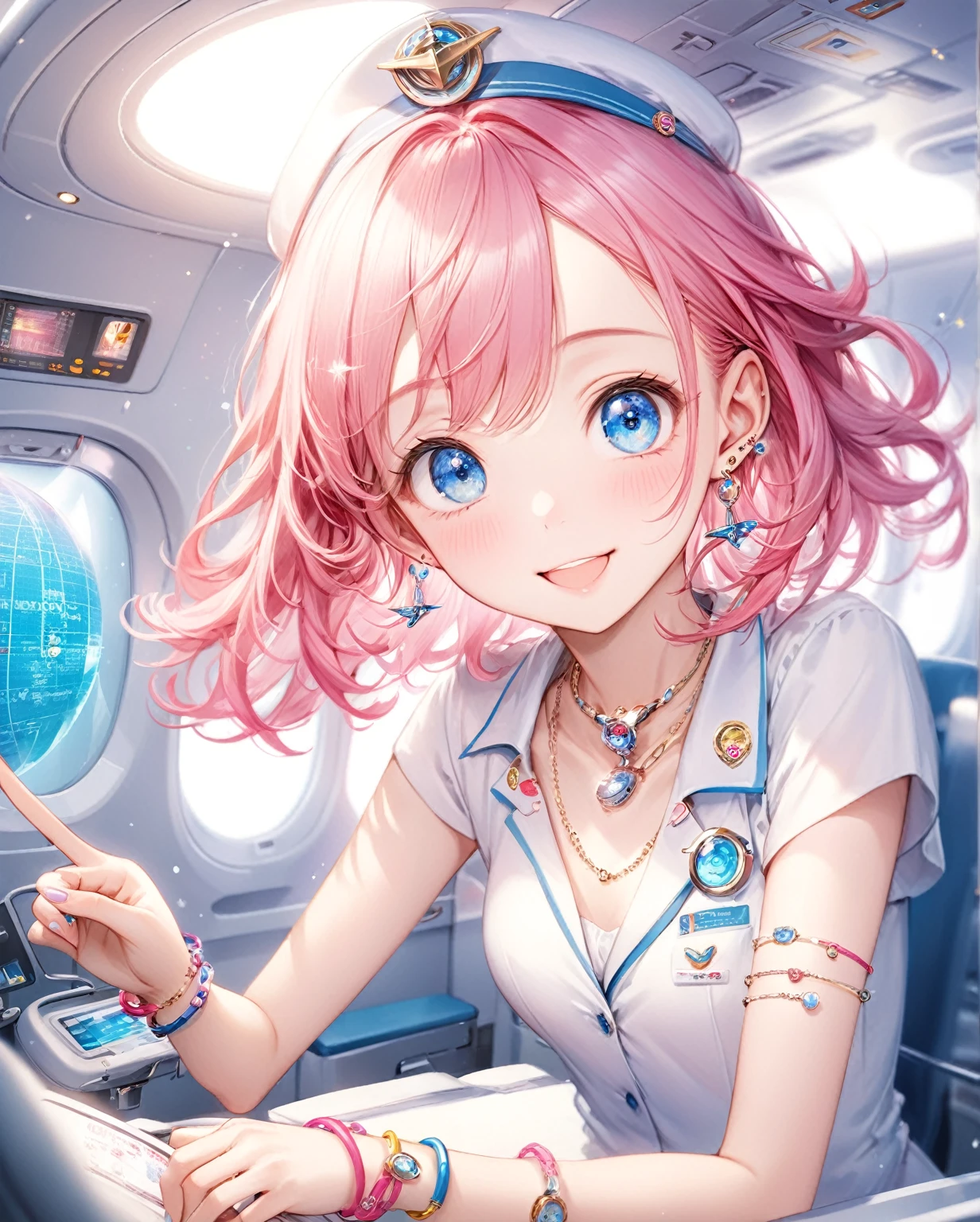(Highest quality, 8k, 32K, masterpiece, Ultra-high resolution,:1.2),to be born, One Girl,So cute ,A fantasy background that resembles an airplane or an electronic world, clear, Shining Eyes, Age 25 ,Fair skin, Pink Haired Girl, dentist, An innocent smile, Blue eyes, Pierced ears sparkle, An elegant necklace adorns her slender neck, Rings and bracelets decorate the fingers. expensive,Cabin attendant,stewardess