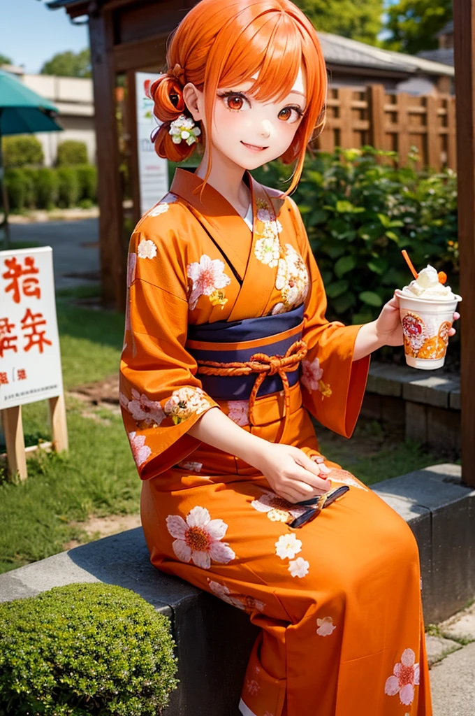 Orange Hair Half Twin Tail Red Eyes beautiful girl Flower Hair Ornaments smile Yellow-green yukata with floral pattern Festival Night Eat ice cream