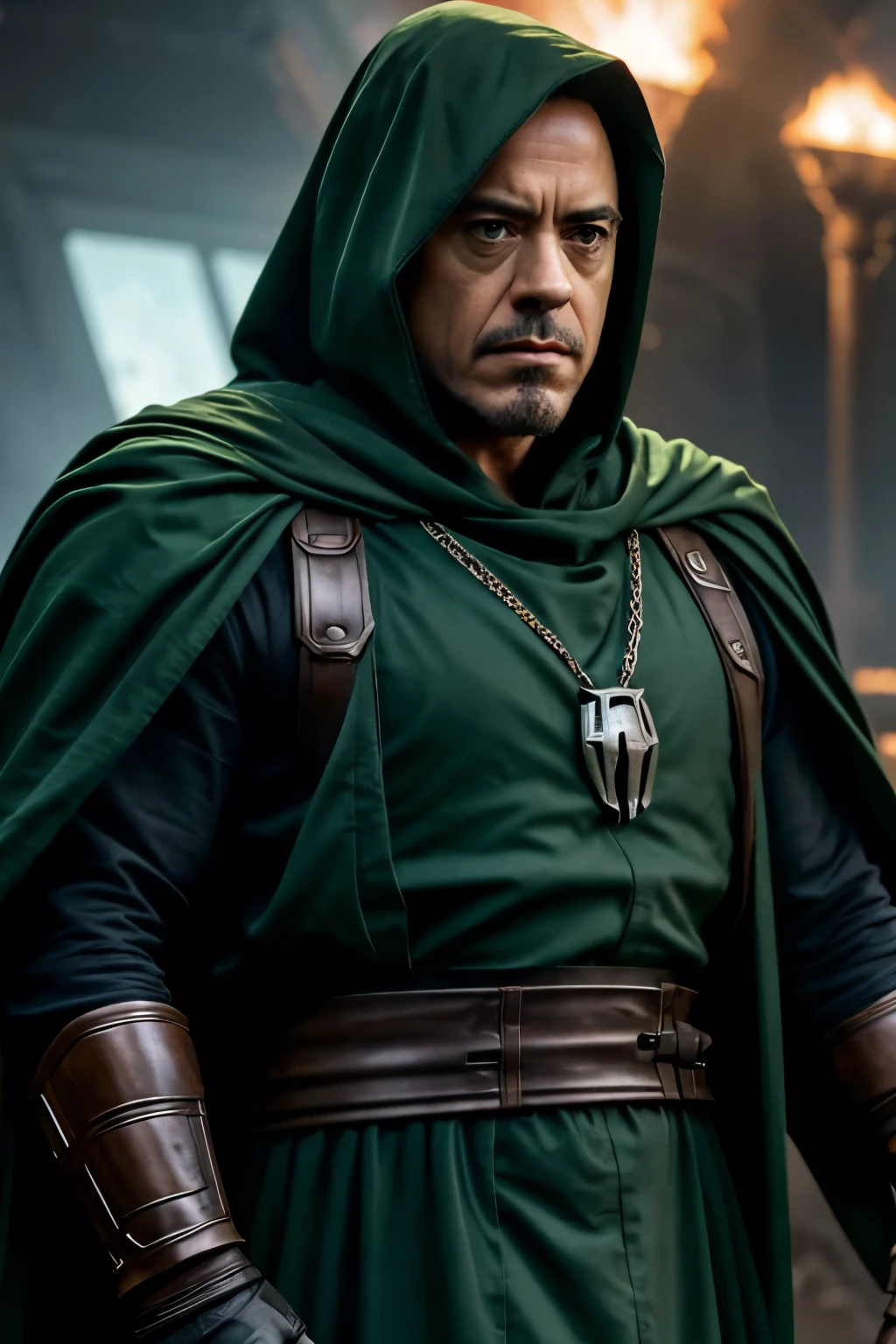 Robert Downey jr. as dr doom in the mcu avengers doomsday movie , realistic, evil, green magical power, comic accurate with an comic accurate mythical slightly Medieval looking Dr doom suit and armor  in an realistic mcu way with mythical elements, a slightly burned face and evil looking glowing eyes 